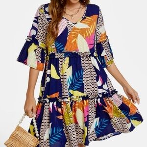 Funlingo Women's Summer Dress Medium Tunic Mini Dress Short Sleeve V Neck Swing